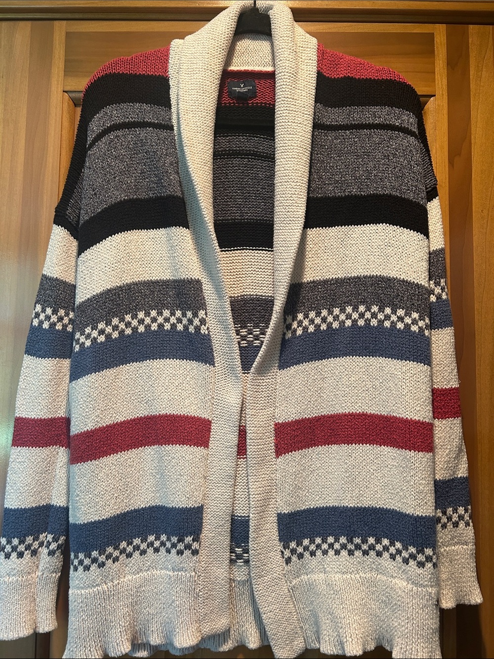 American Eagle Shawl Collar Striped Sweater Cardigan - Red, Blue, Black, Gray